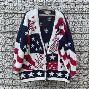 VTG 90s Stitches America 4th of July Red White Blue Sampler Cardigan Sweater 2X